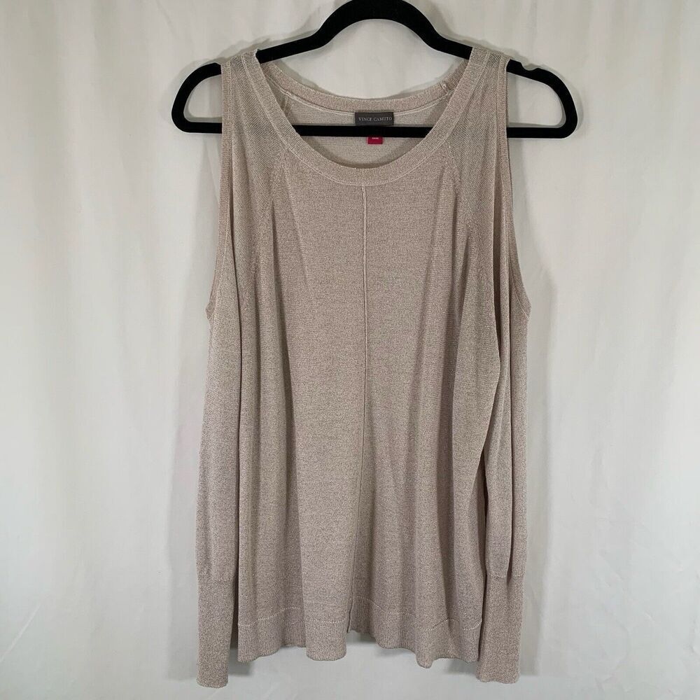 Vince Camuto Blouse Women's Large Tan Metallic Gold Round Neck Cold Shoulder